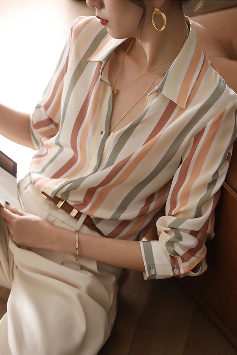 Stripe Women Shirt Satin Vintage Shirt for Women 2023 Autumn Clothes Korean Fashion Shirts and Blouses Basic Elegant Womens Tops Freshlook Styles