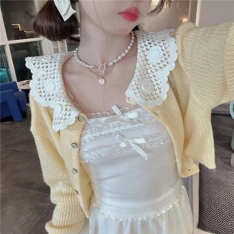 2023 Ropa Mujer Sweet Crop Tops Women's Clothing Bow Lace Sling Vest Tunic Fashion Korean Tanks Summer Sexy Cute Y2k Top 7j530
