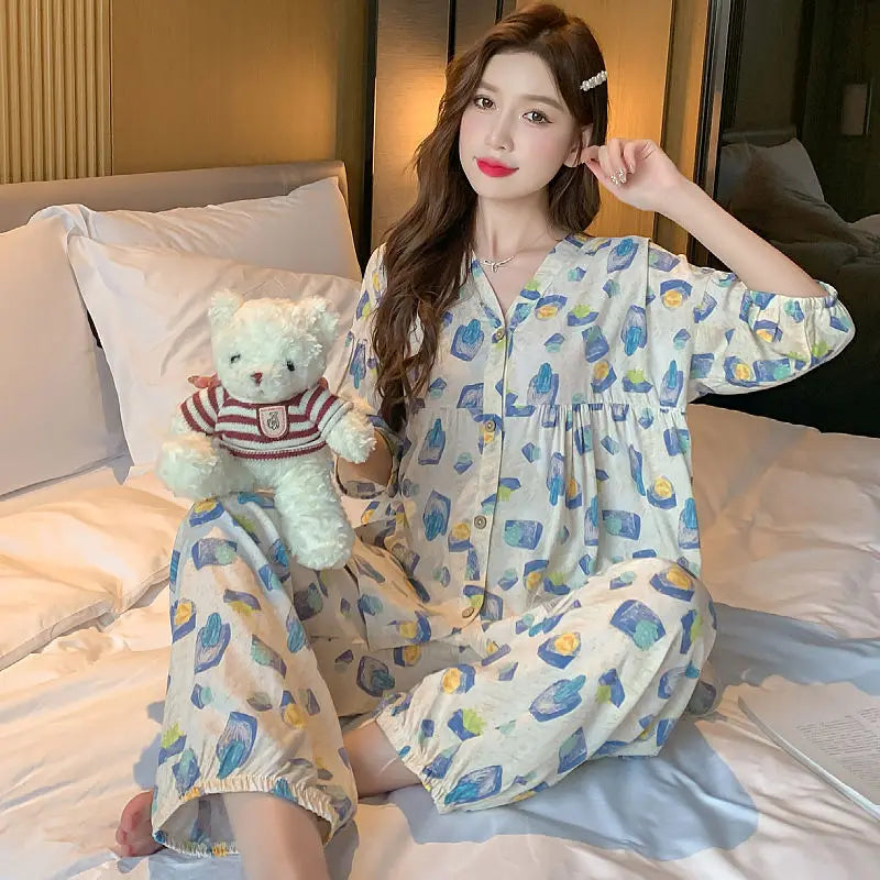 2023 New Cotton Silk Summer Pajamas Suit Plus Size Loose Ladies Home Clothes Two-piece Casual Style Thin