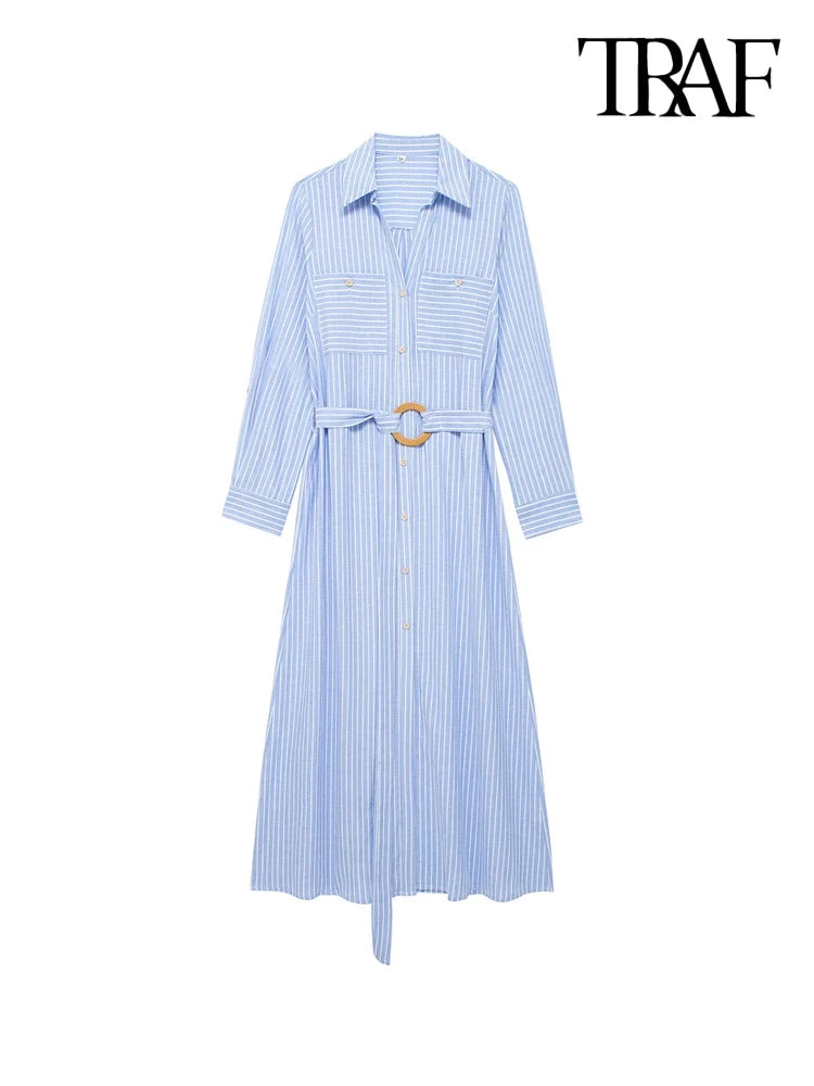 TRAF Women Fashion With Belt Front Patch Pockets Midi Shirt Dress Long Turn-up Sleeves Button-up Female Dresses Mujer