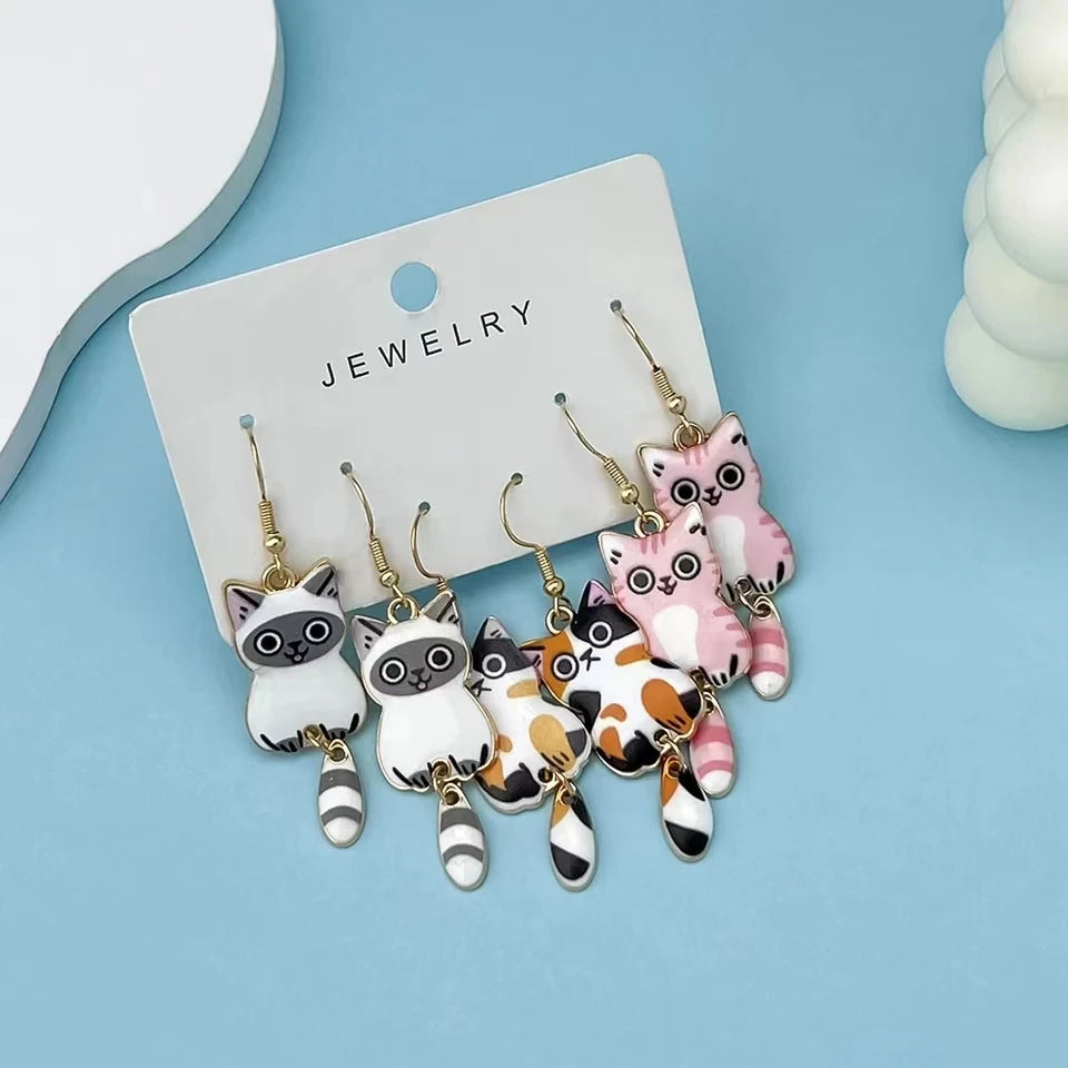 3 Pairs New Fun and Cute Enamel Alloy Hanging Tail Cat Dangle Earrings Colored Cat Ear Jewelry Set Lovely Gift For Women Girls Viralgem Store