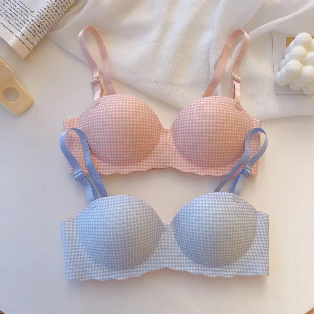 Women Ice Bra One Cup Thick Comfortable Without Steel Ring Lingerie Sexy Push Up Bralette Underwear Fashion Plaids Pattern Bra Viralgem Store