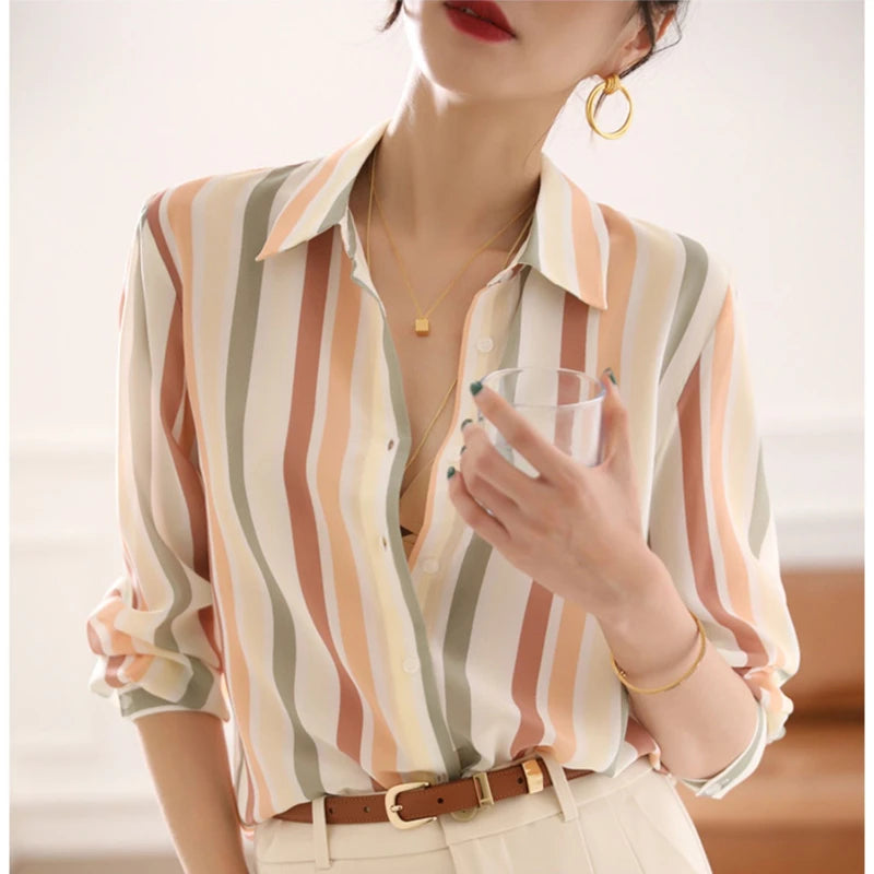 Stripe Women Shirt Satin Vintage Shirt for Women 2023 Autumn Clothes Korean Fashion Shirts and Blouses Basic Elegant Womens Tops Freshlook Styles