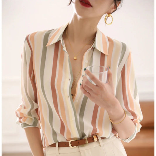 Stripe Women Shirt Satin Vintage Shirt for Women 2023 Autumn Clothes Korean Fashion Shirts and Blouses Basic Elegant Womens Tops Freshlook Styles