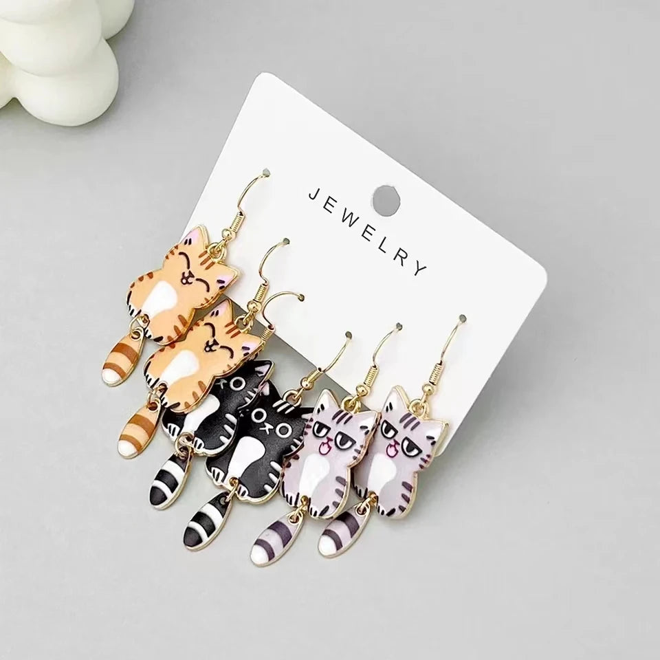 3 Pairs New Fun and Cute Enamel Alloy Hanging Tail Cat Dangle Earrings Colored Cat Ear Jewelry Set Lovely Gift For Women Girls Viralgem Store