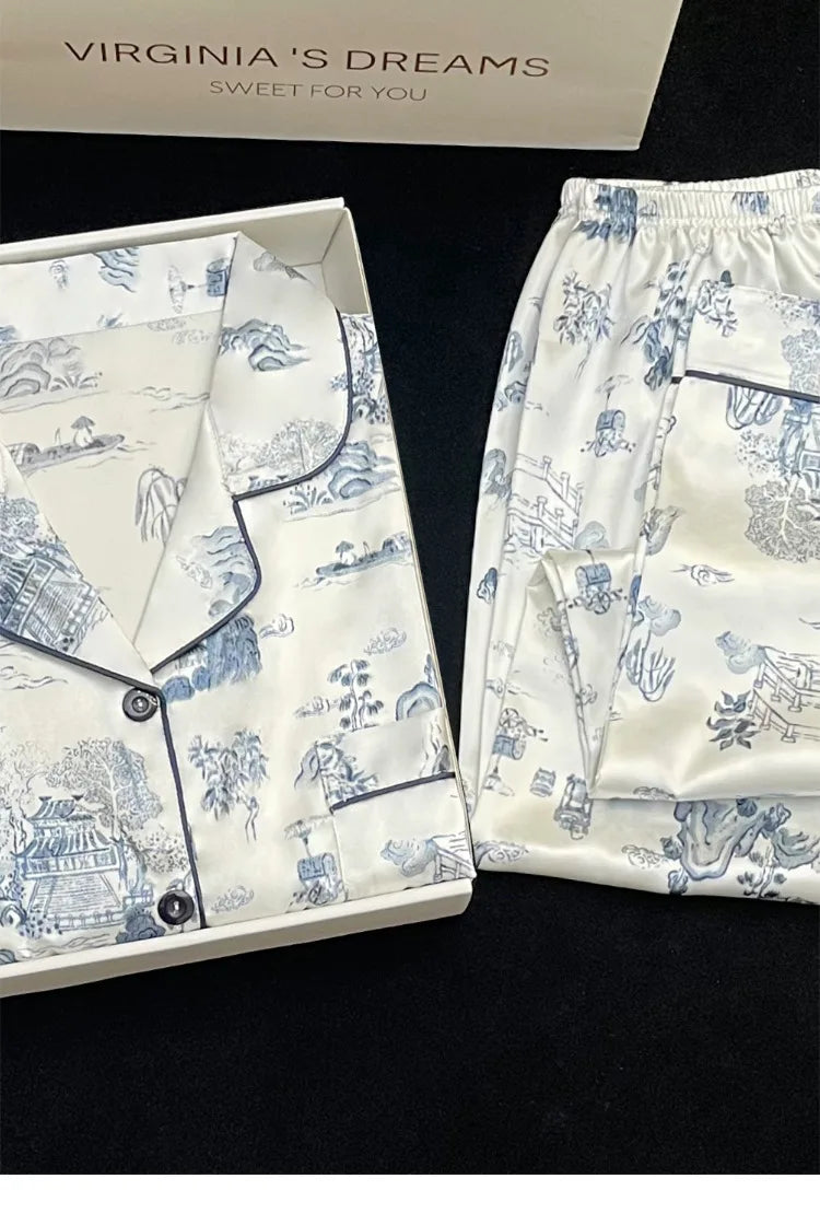 Women's Pajamas Sets Spring Autumn 2 Piece Paint Print Pyjama Faux Silk Satin Sleepwear Long Sleeve Pijama Mujer Pjs Homewear