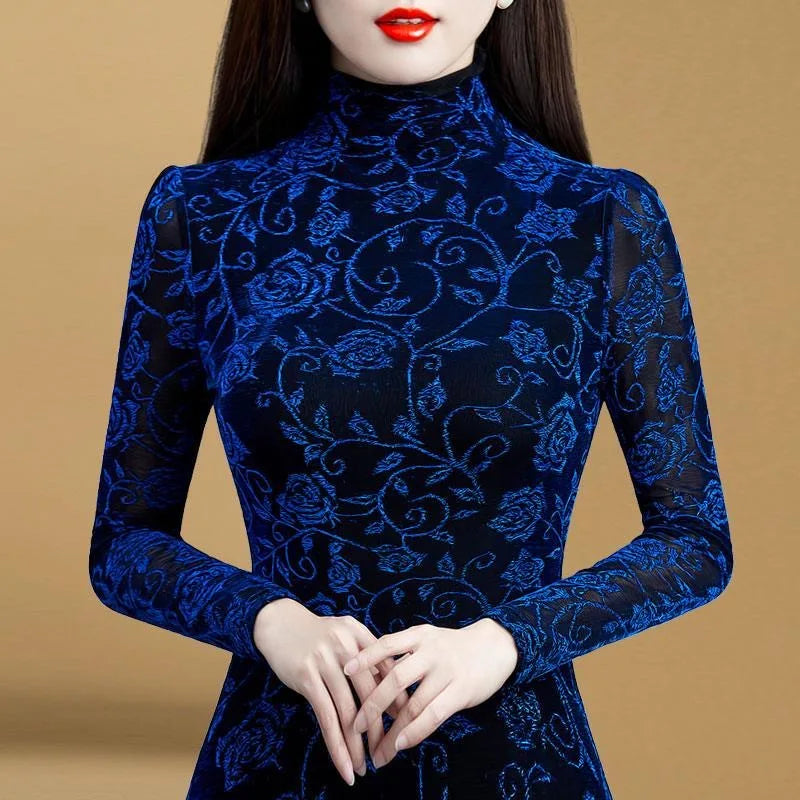 Women's Winter Autumn Style Blouse Shirt Women's Printed Turtleneck Long Sleeve Slim Elegant Tops SP1192