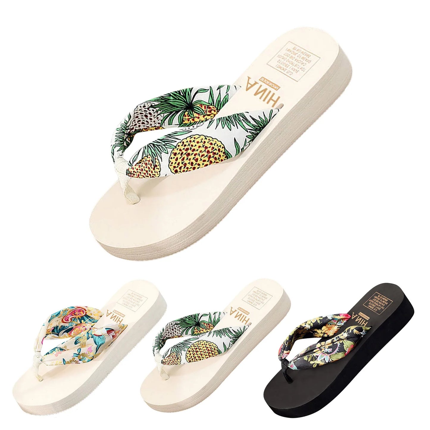 2022 Summer Floral Printing Slippers Women Bohemian Satin Strap Platform Wedge Flip Flops Outdoor Thick Bottom Beach Shoes