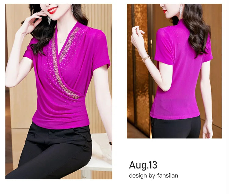 Summer Women's Short Sleeve T-shirt V-neck Korean Version Fashion Tops Female Shinning Ringstones Mesh Slim T Shirt