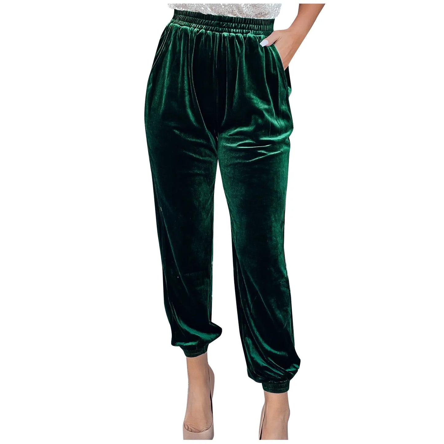 Women's Velvet Pants High Waist Loose Wide Leg Pants Casual Elastic Waist Velour Long Trousers with Pockets