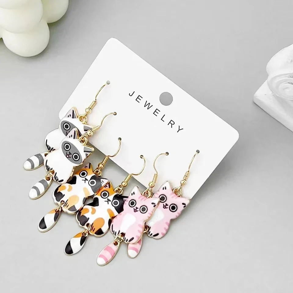 3 Pairs New Fun and Cute Enamel Alloy Hanging Tail Cat Dangle Earrings Colored Cat Ear Jewelry Set Lovely Gift For Women Girls Viralgem Store