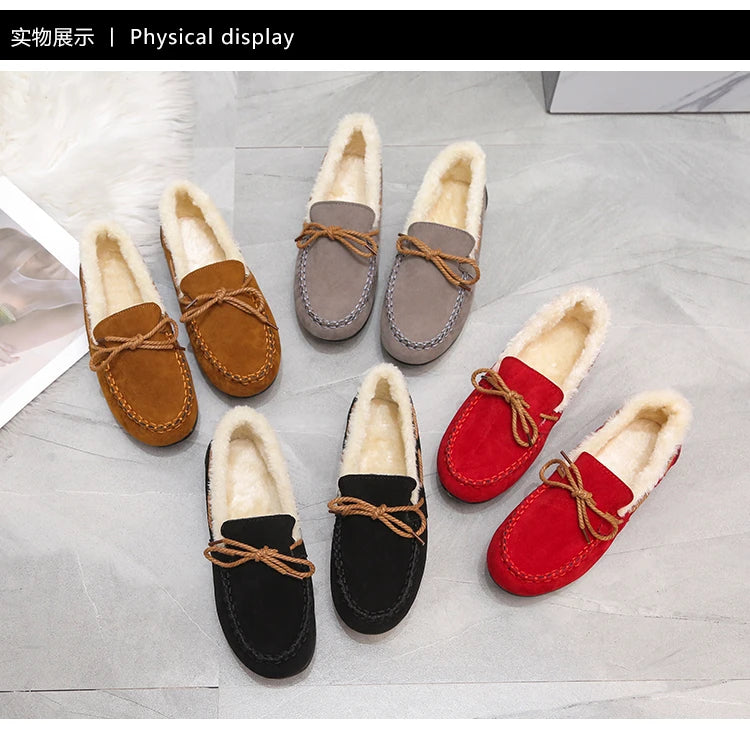 2023 autumn and winter new Doudou shoes women plus cashmere warm bow Korean version of casual shallow mouth flat lazy cotton sho