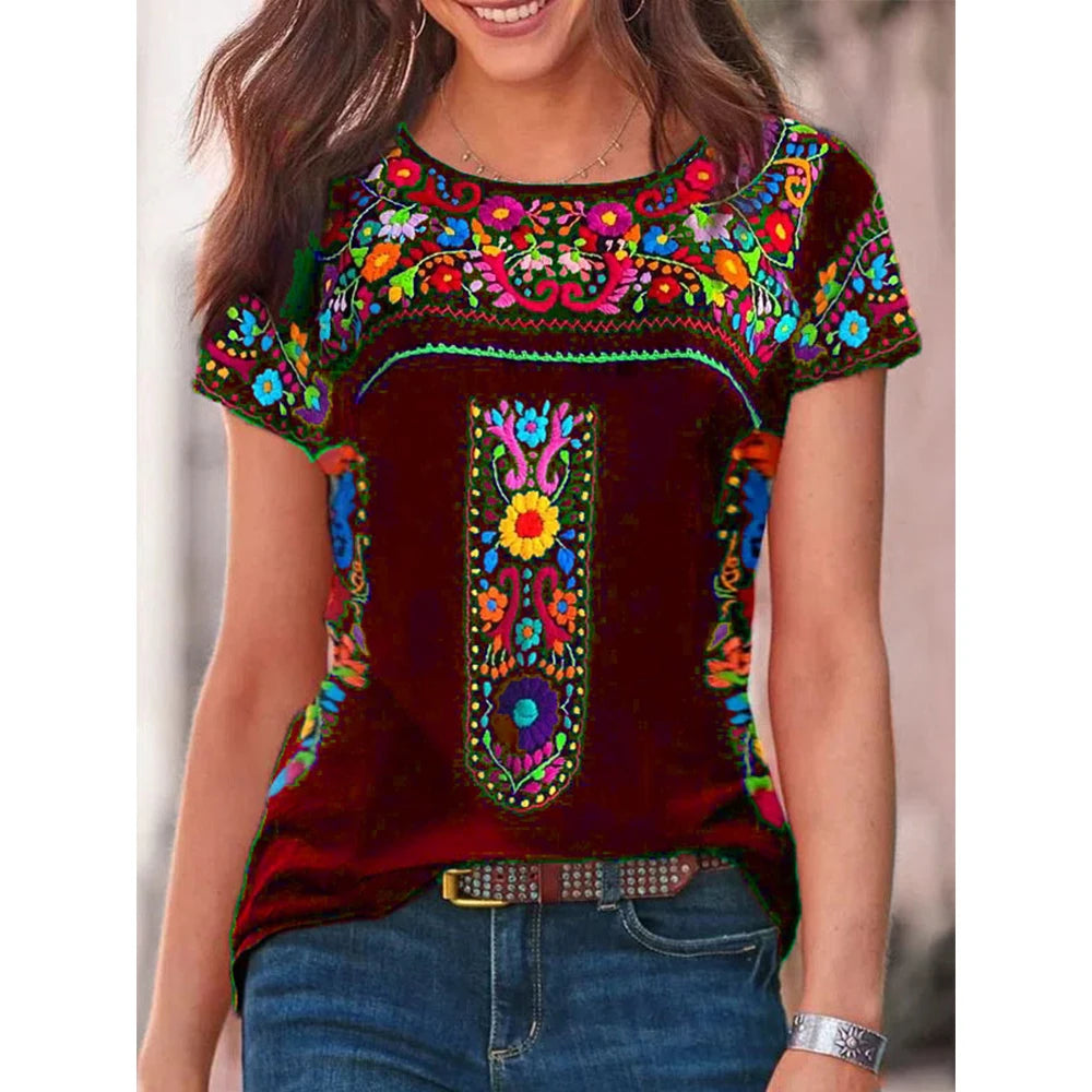 Women's Boho Floral Printed Short Sleeve Round Neck T-Shirt Tops Ladies Summer Casual Loose Blouse Clothing Plus Size Oversized