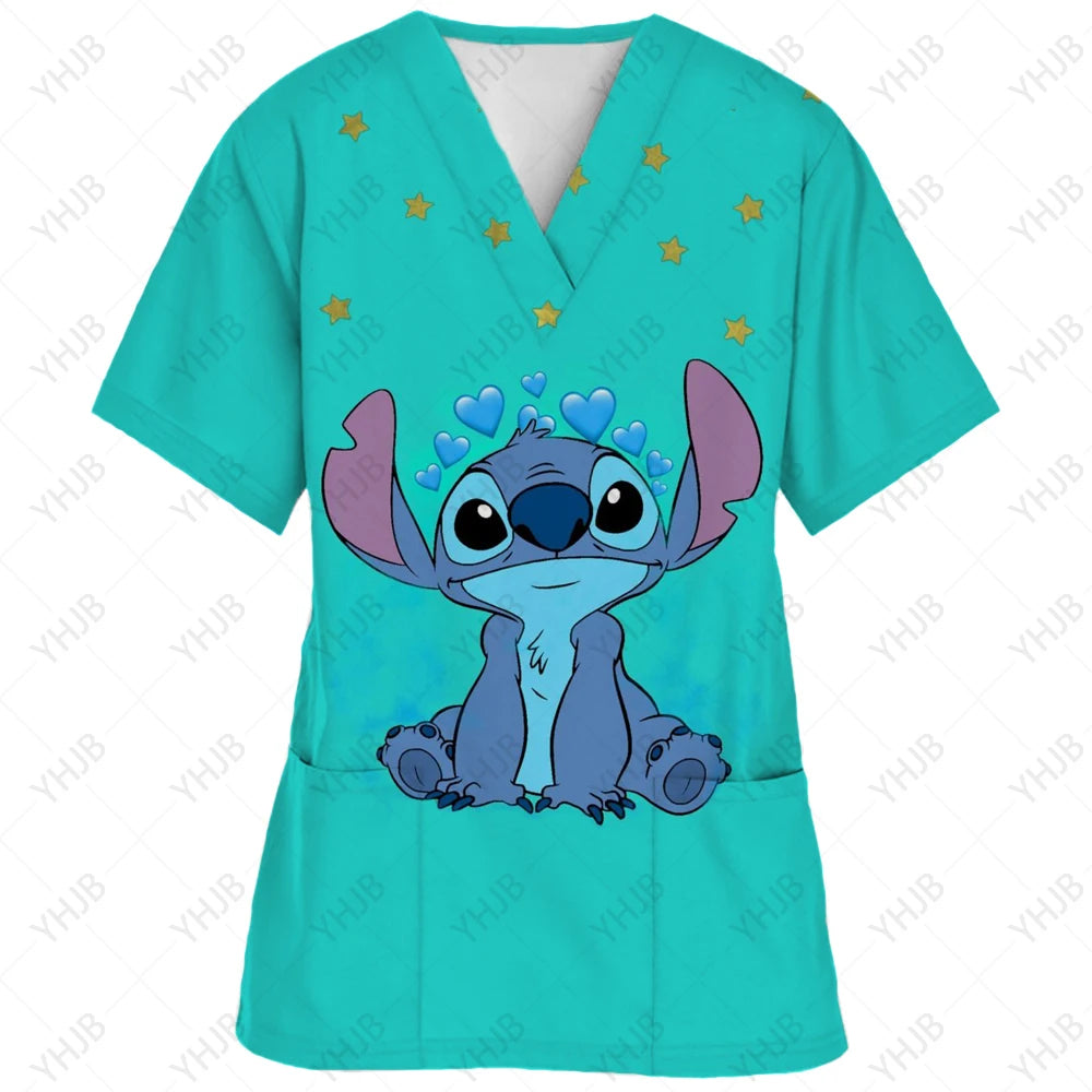 Top Women 2024 Minnie Mouse Tops Disney T Shirt Pocket T-shirts Hospital T-shirt Summer Nurse Uniform Woman Clothes Mickey Tees