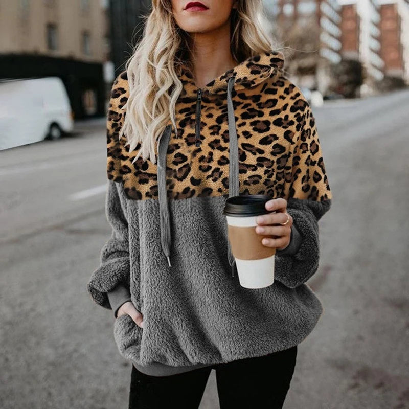 Women's Sweatshirt Autumn Winter American Style Leopard Montage Pocket Zipper Lint Thermal Hooded Sweatshirt