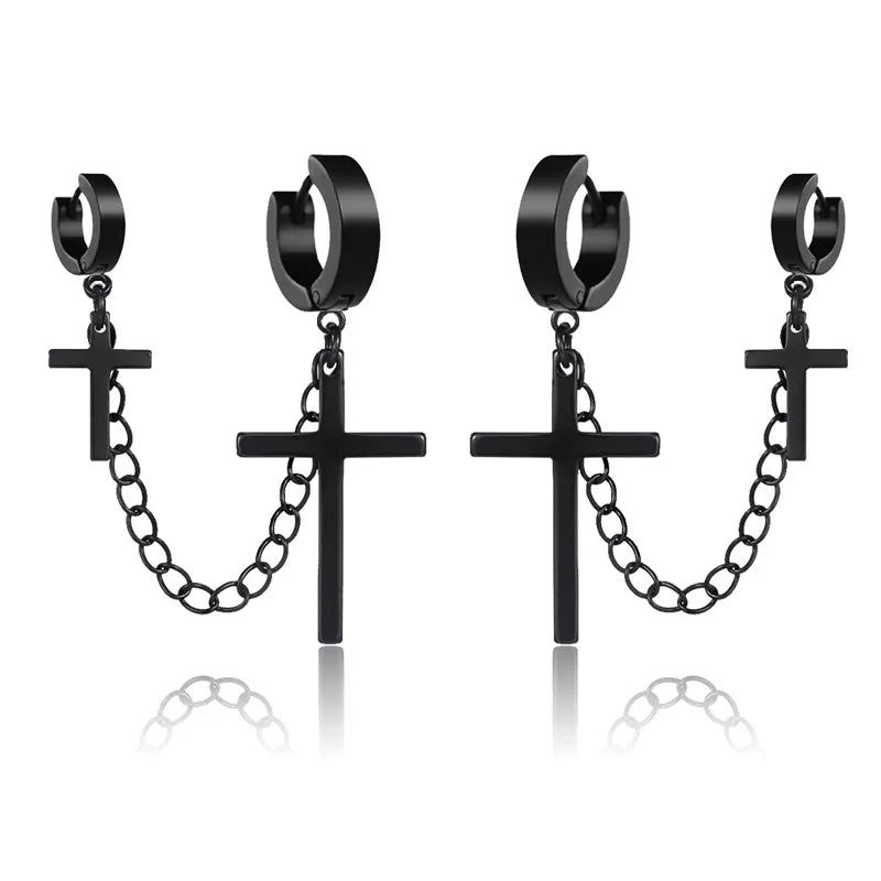 WKOUD 1 Pairs Stainless Steel Punk Black Dangle Earrings For Men Cross Skull Screw Cone Huggie Hoop Long Chain Piercing Hoop Viralgem Store