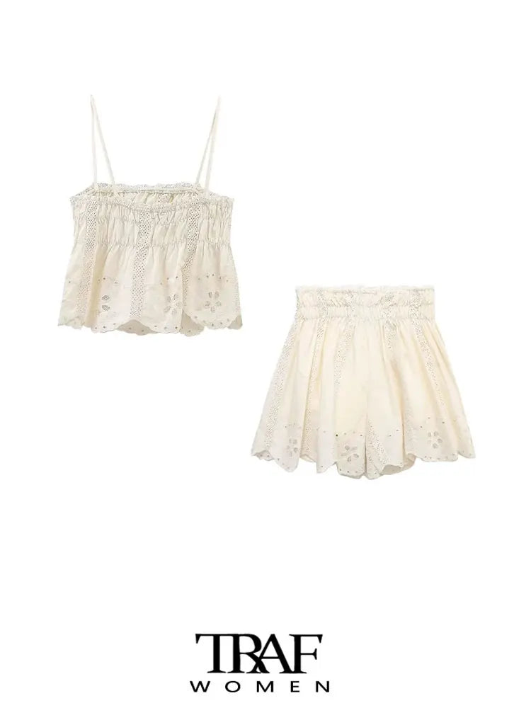 TRAF Women Fashion Embroidery Cropped Tank Tops And High Elastic Waist Shorts Female Two Piece Sets Mujer Viralgem Store