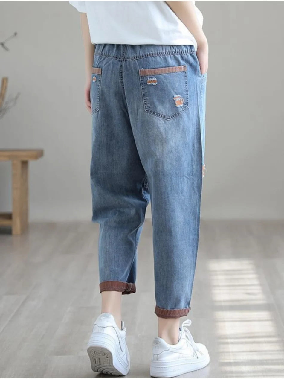 Women Jeans Korean Version Hole Elastic Waist Casual Haren Pants  Ankle Length Pants for Women High Waisted Baggy Ripped Jeans