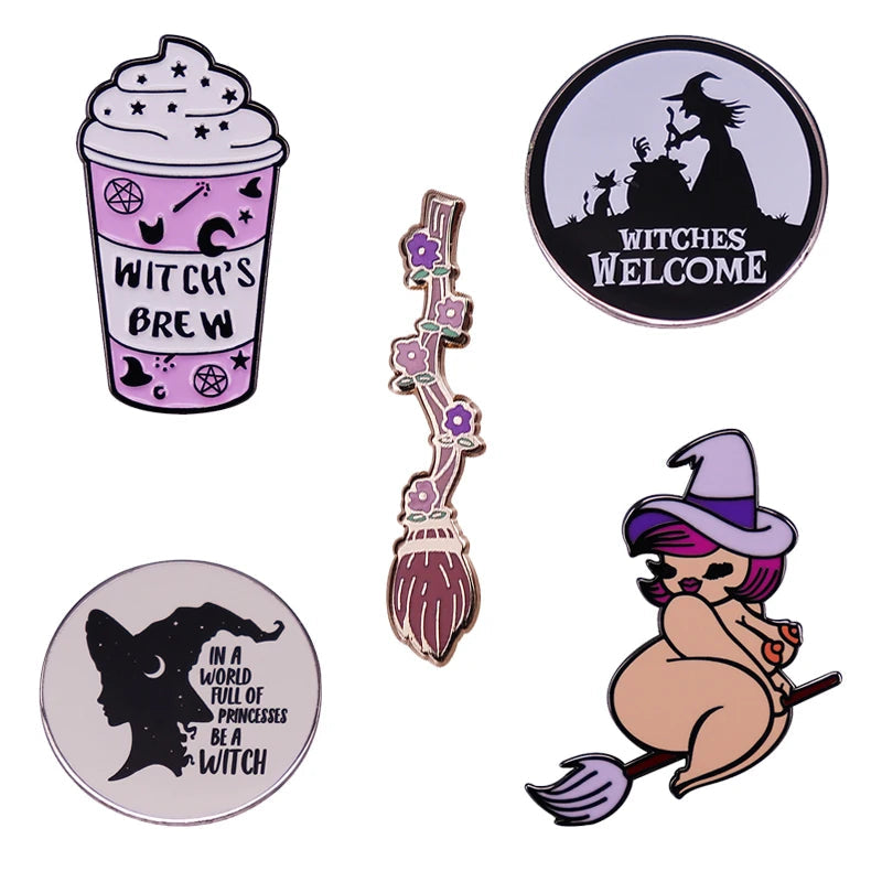 Witch Lapel Pin Collection Magic Broomstic Brooch Ice Cream Mug Frappuccinoo Badge Witches Welcome Jewelry Viralgem Store