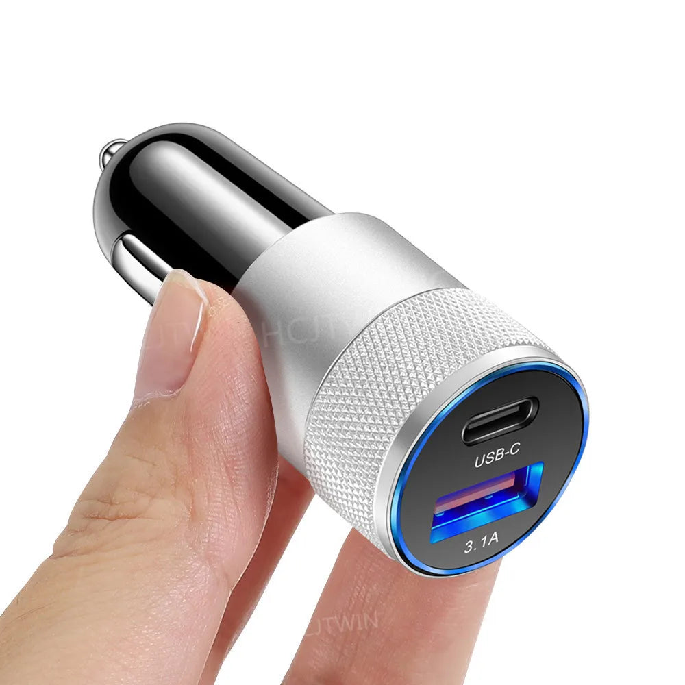3.1A USB Car Charger Aluminum Alloy PD Fast Charging for Mobile Phone Tablet 15W Dual Port Car Charger Adapter Fast Car Charger