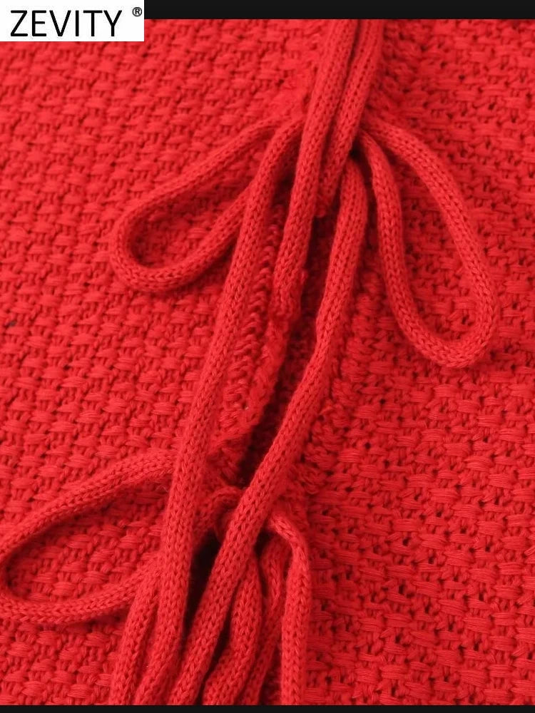 Zevity Women Euro Style V Neck Solid Sleeveless Bow Short Vest Jacket Ladies Retro Knitting Cardigan Slim WaistCoat Tops CT6203 Viralgem Store