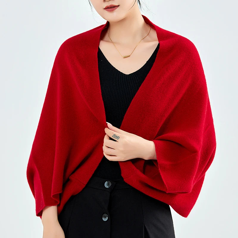 100%Pure Wool Women's Knitted Shawl Soft Warm Wollen Cardigan Cloak Wraps Shoulder Neck Protect Multifunctional Pashmina Scarves