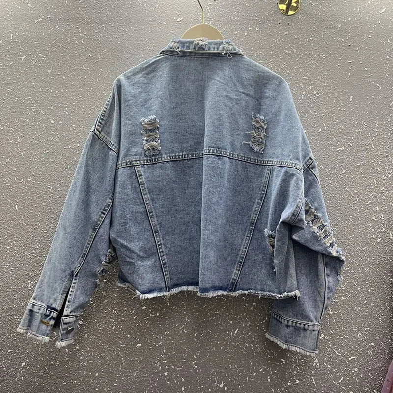2024 New Women Coat Cartoon Sticker Embroidered Sequin Short Denim Jacket Loose Bowknot Top