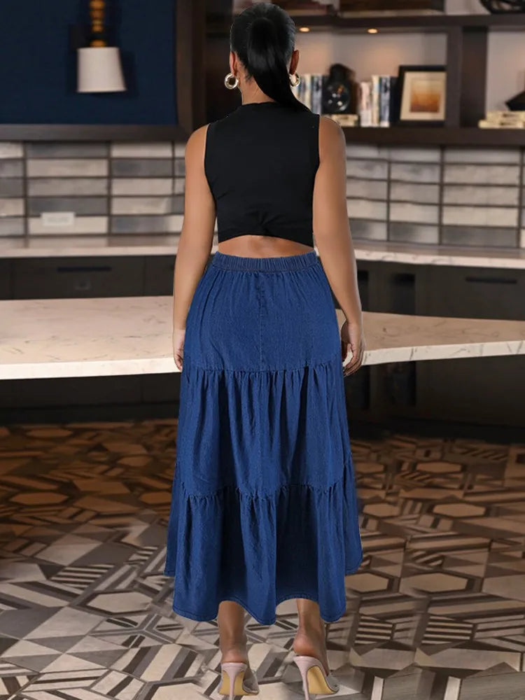 XL-5XL Plus Size Clothes 2024 Women's Button A-line High Waist Denim Skirt Office Lady Midi Jean Skirts Autumn Winter Skirt