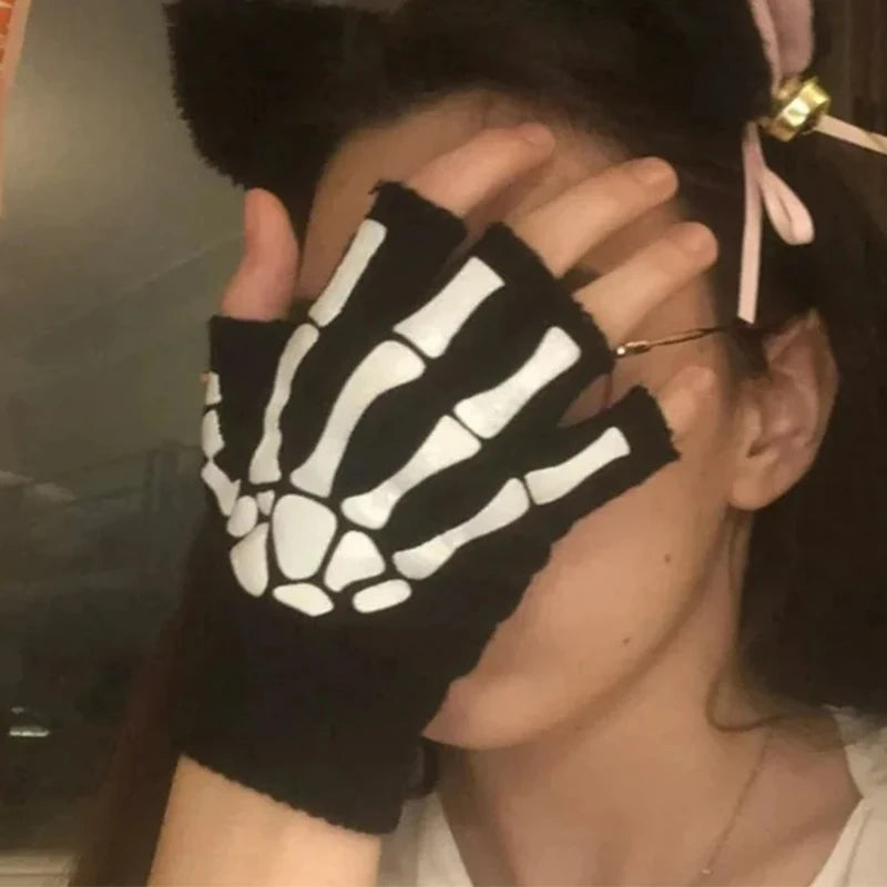 Unisex Halloween Skull Gloves Punk Luminous Glow in The Dark Skeleton Half Finger Glove Cosplay Non-slip Wrist Stretch Mittens Viralgem Store