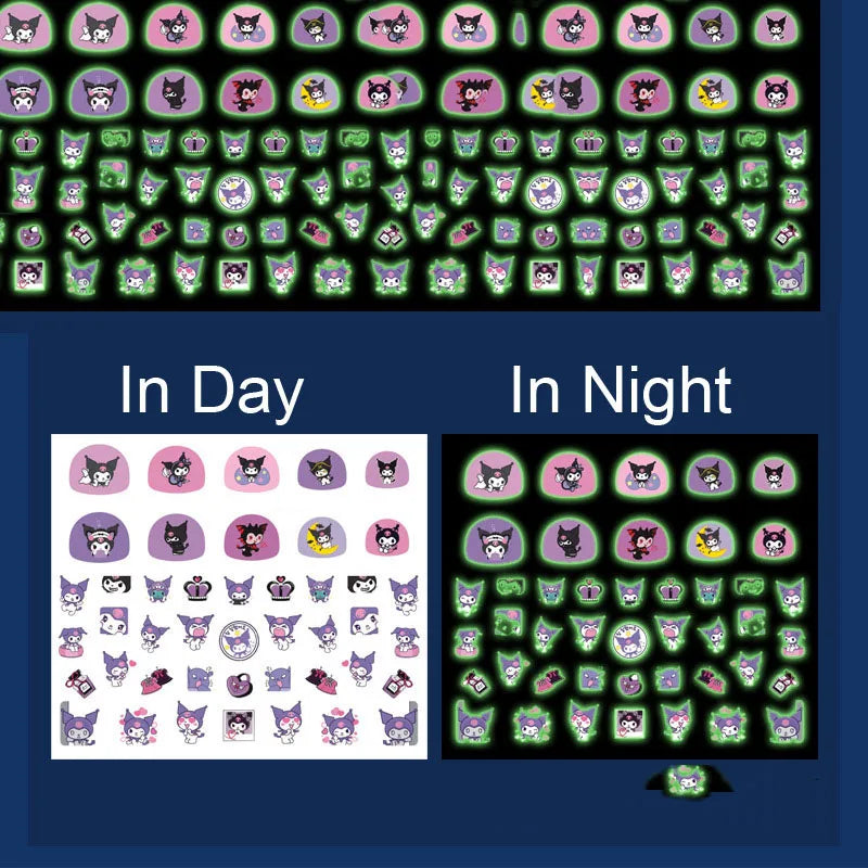 5pcs/set Children Cartoon Luminous Nail Stickers Sanrio Hello Kitty Melody Kuromi Glow In The Dark Adhesive Slider Manicure Deca
