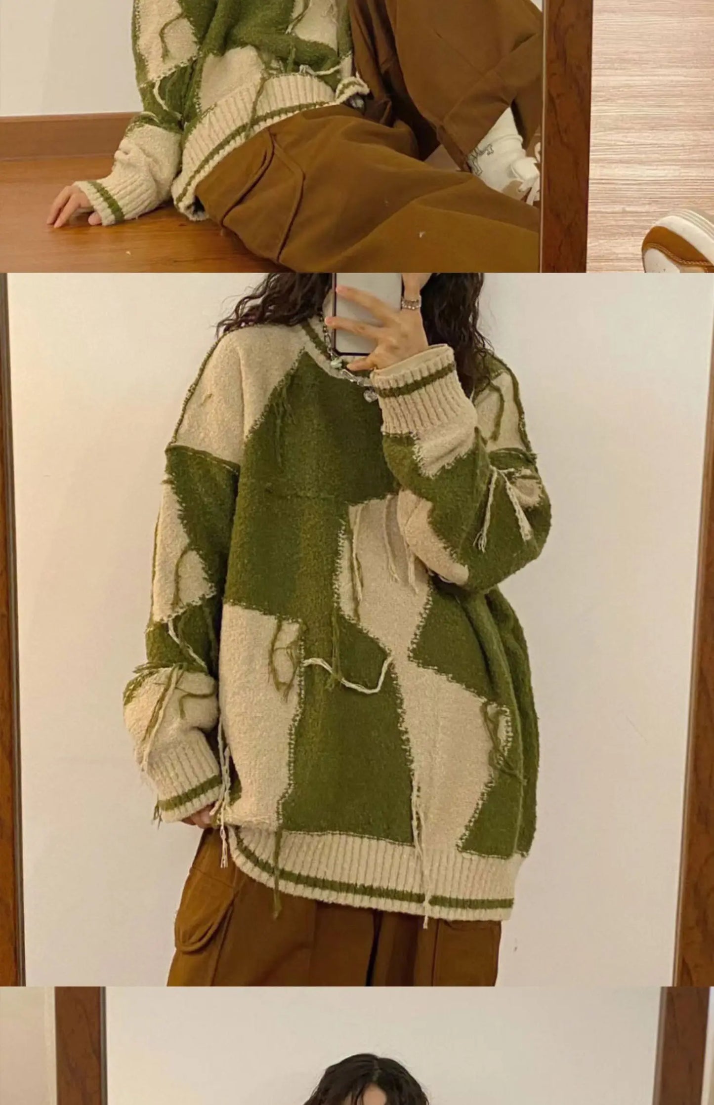 Women's Green Gothic Y2k Two-tone Knitted Sweater Harajuku Korean Y2k Long Sleeves Jumper Sweaters Vintage 2000s Clothes Autumn