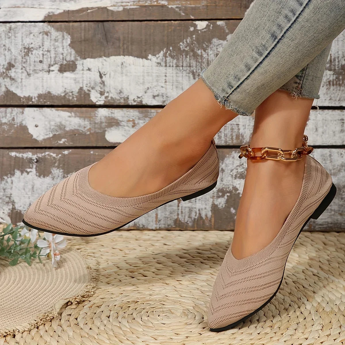 Women's Pointed Toe Flat Shoes Solid Color Knitted Slip on Shoes Casual Breathable Ballet Flats Women Flat Shoes Loafers Women Viralgem Store