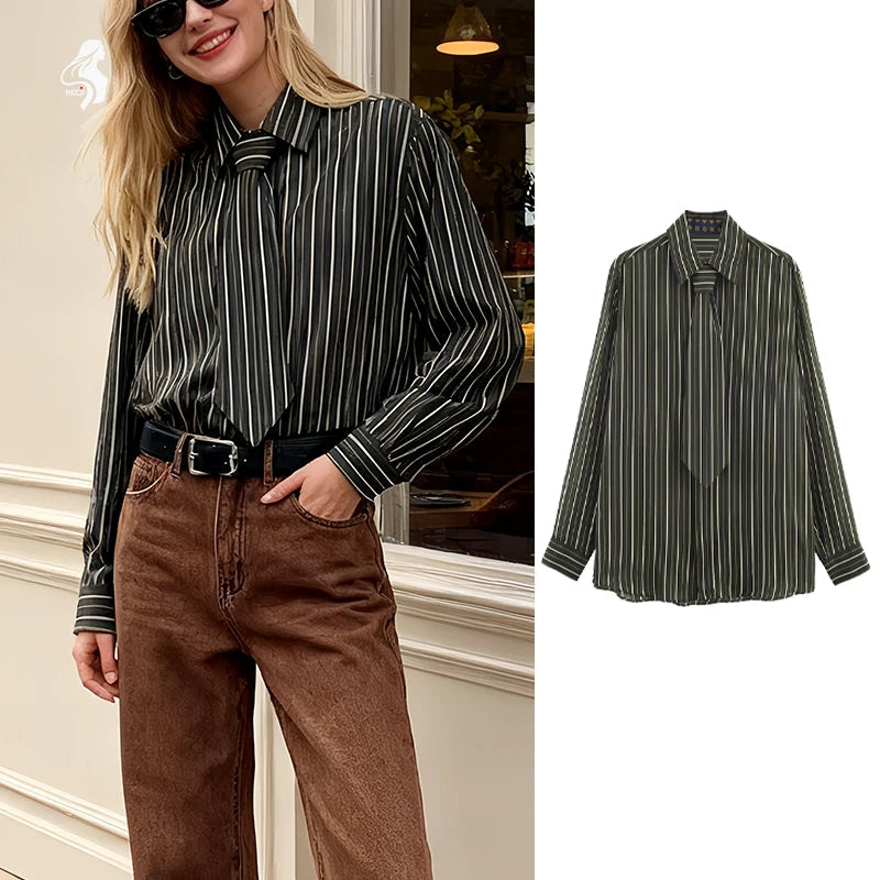 Womens Striped Shirt With Tie And Turn Down Collar Long Sleeves Fashionable And Versatile A Must Have Item For Spring And Autumn Freshlook Styles