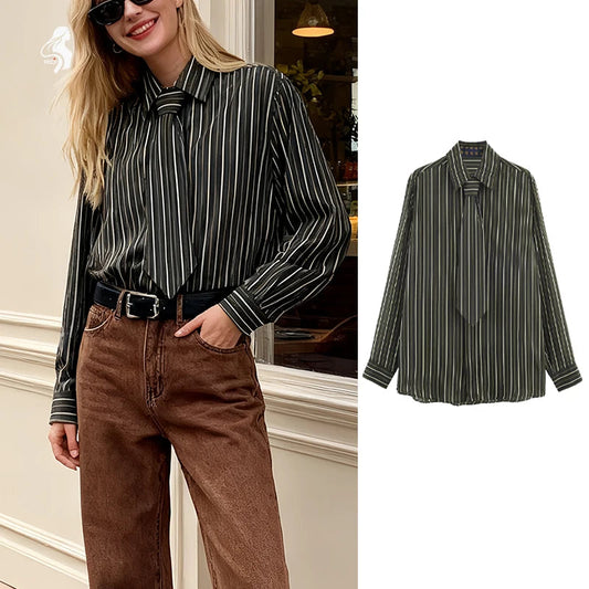 Womens Striped Shirt With Tie And Turn Down Collar Long Sleeves Fashionable And Versatile A Must Have Item For Spring And Autumn Freshlook Styles