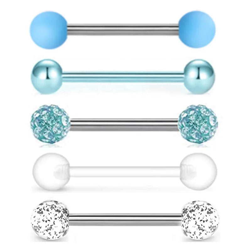 5PCS Acrylic Tongue Piercing Barbell Set Stainless Steel Glitter Tongue Rings Lot 14G Nipple Piercing Bar Bulk Piercing Langue