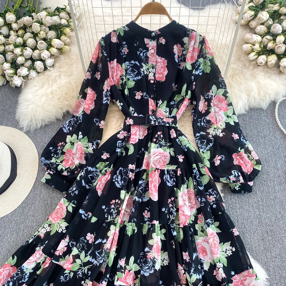 Spring Autumn Women Floral Chiffon Long Dress Vintage Purple/Pink/Black/Beige Stand Collar Single Breasted Maxi Robe Elegant New Viralgem Store