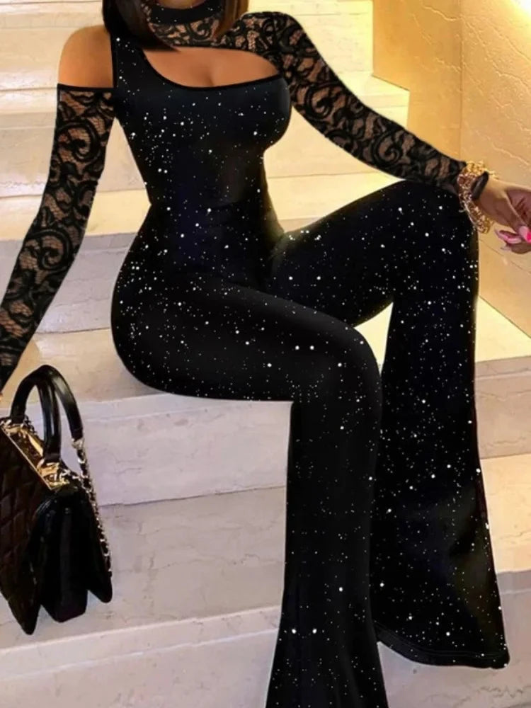 Women New Fashion Bodycon Jumpsuit Women Autumn Casual Sexy Slim Long Sleeve Glitter Lace Patch Flared Leg Jumpsuit Viralgem Store