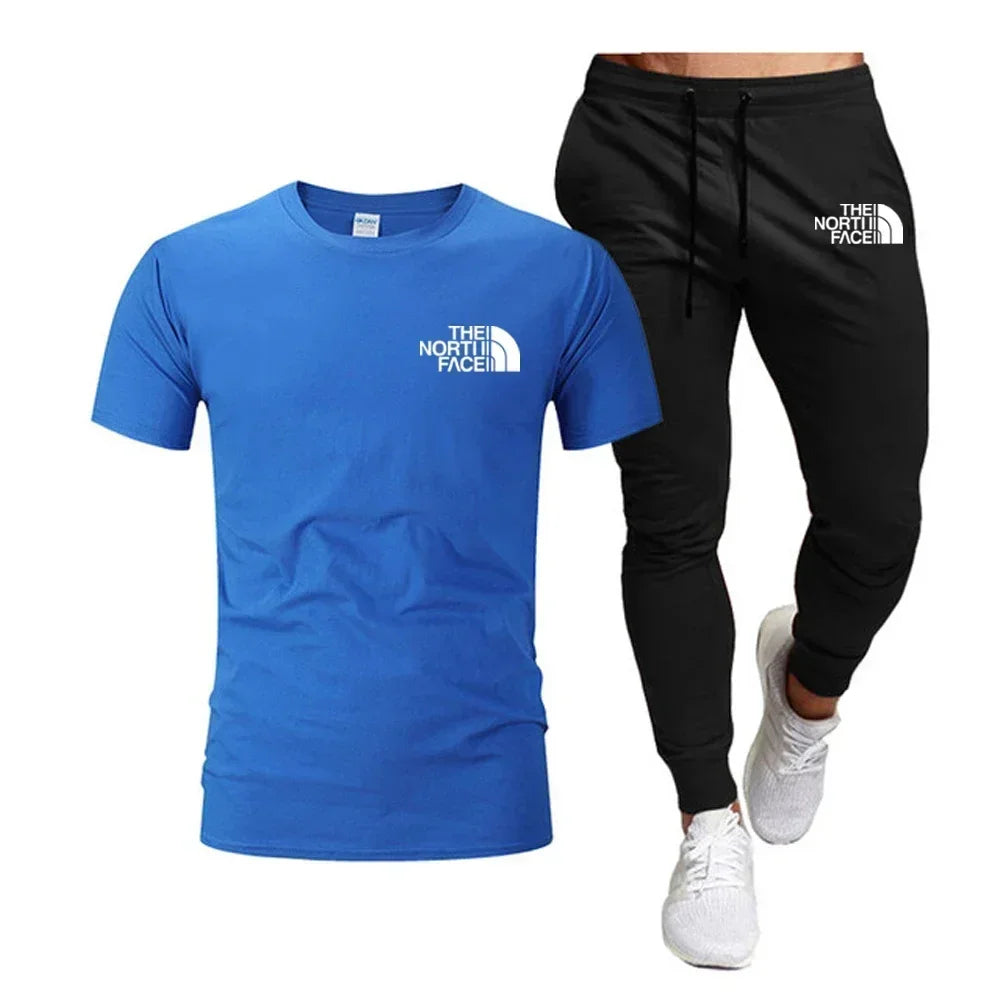 Summer 2025 Men Tops 100% Fashion Cotton Short Sleeve Long Sweatpants Streetwear 2 Piece Sets Men Clothing