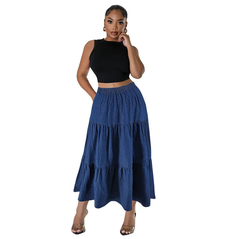 XL-5XL Plus Size Clothes 2024 Women's Button A-line High Waist Denim Skirt Office Lady Midi Jean Skirts Autumn Winter Skirt