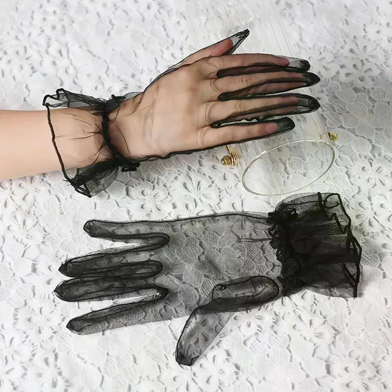 Women Short Tulle Gloves Sexy Lace Mittens Tulle Full Finger Gloves Lady Driving Glove Transparent Mittens Wedding Bridal Gloves