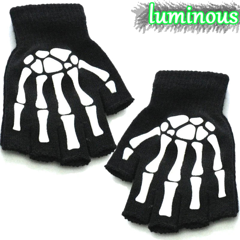 Unisex Halloween Skull Gloves Punk Luminous Glow in The Dark Skeleton Half Finger Glove Cosplay Non-slip Wrist Stretch Mittens Viralgem Store