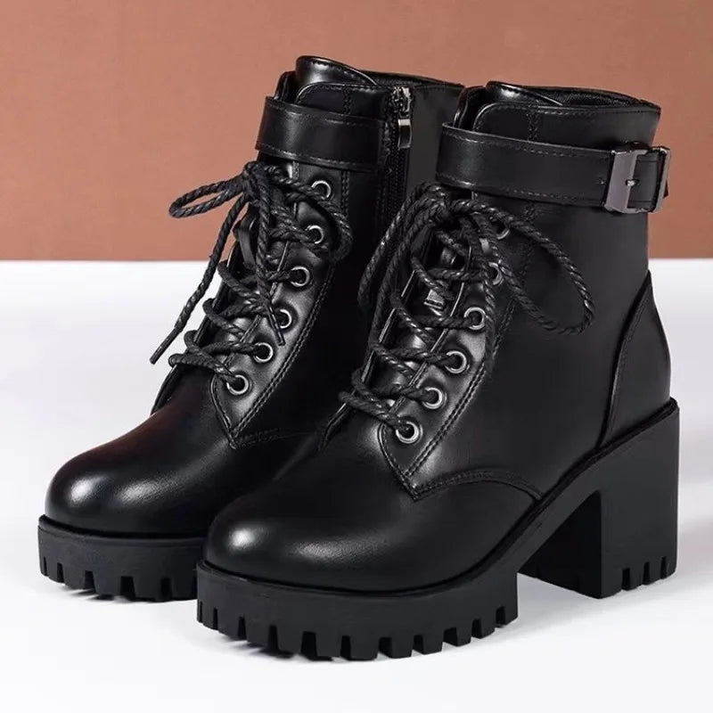 Winter Women's Boots 2025 New Lace Up Boots for Womens Fashion Thick Heel Side Zipper Ankle Boots Warm Female Motorcycle Shoes Viralgem Store