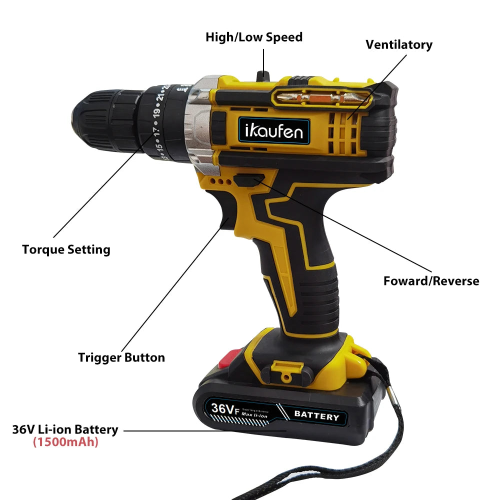 21V Cordless Drill Electric Screwdriver Mini Wireless Power Driver Lithium-Ion Battery Home DIY Cordless Drill Set