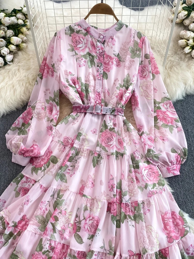 Spring Autumn Women Floral Chiffon Long Dress Vintage Purple/Pink/Black/Beige Stand Collar Single Breasted Maxi Robe Elegant New Viralgem Store