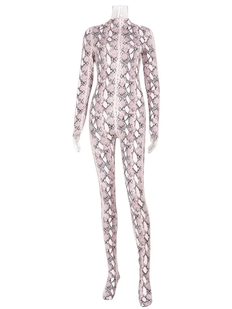 Ahagaga Sexy Club Women's Jumpsuits Serpentine Turtleneck Regular Long Sleeves Sheath Skinny Print Casual Streetwear Rompers Viralgem Store