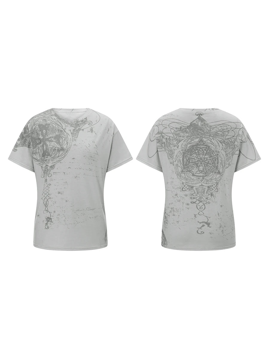 y2k Grunge Crop Top Women Summer Gothic Star Print Round Neck Short Sleeve T Shirt 2000s Cybercore Clothes Streetwear