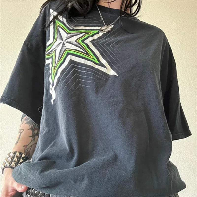 y2k Grunge Crop Top Women Summer Gothic Star Print Round Neck Short Sleeve T Shirt 2000s Cybercore Clothes Streetwear