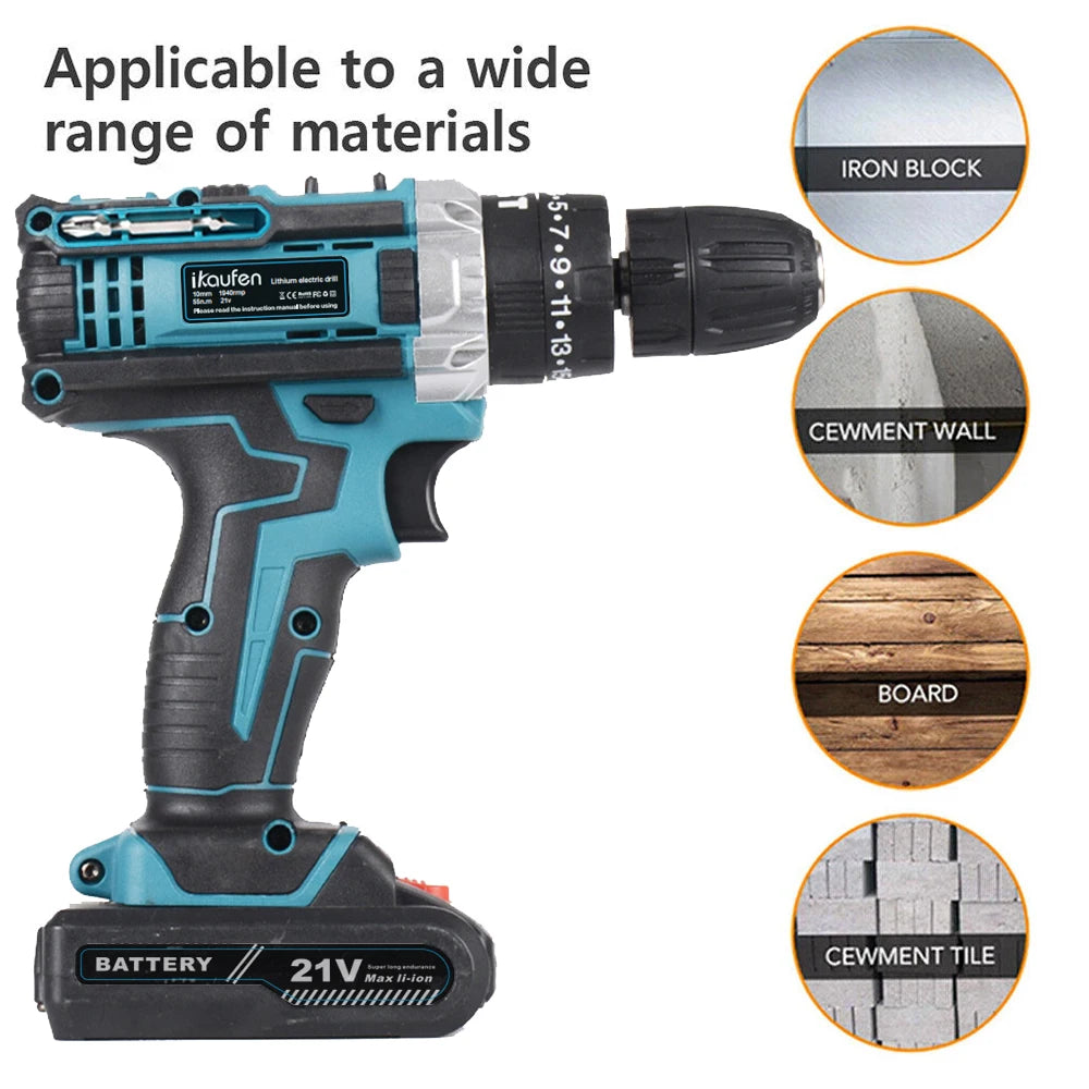21V Cordless Drill Electric Screwdriver Mini Wireless Power Driver Lithium-Ion Battery Home DIY Cordless Drill Set