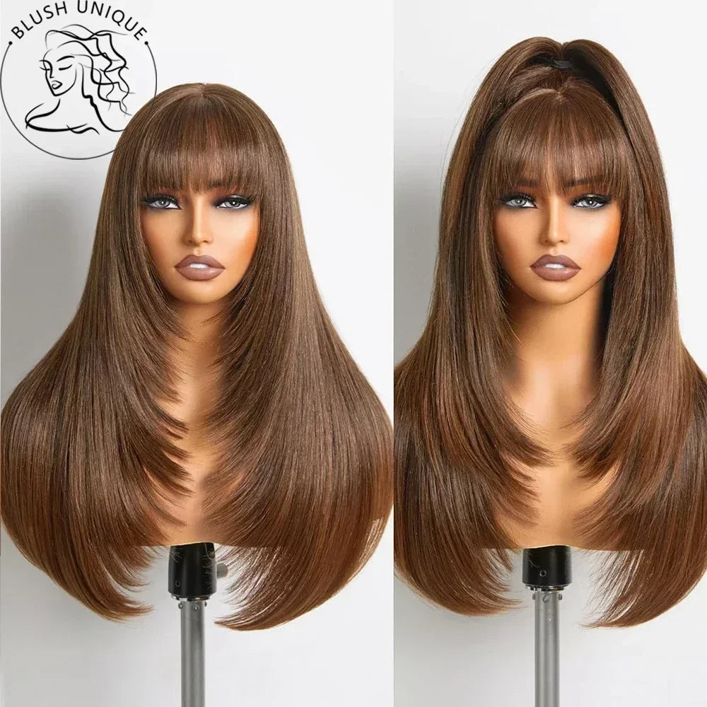 Straight Layered Cut Wigs with Bangs HD Lace Fake Scalp Synthetic Natural Layered Lace Wig For Women Glueless Heat Resistant Wig Viralgem Store
