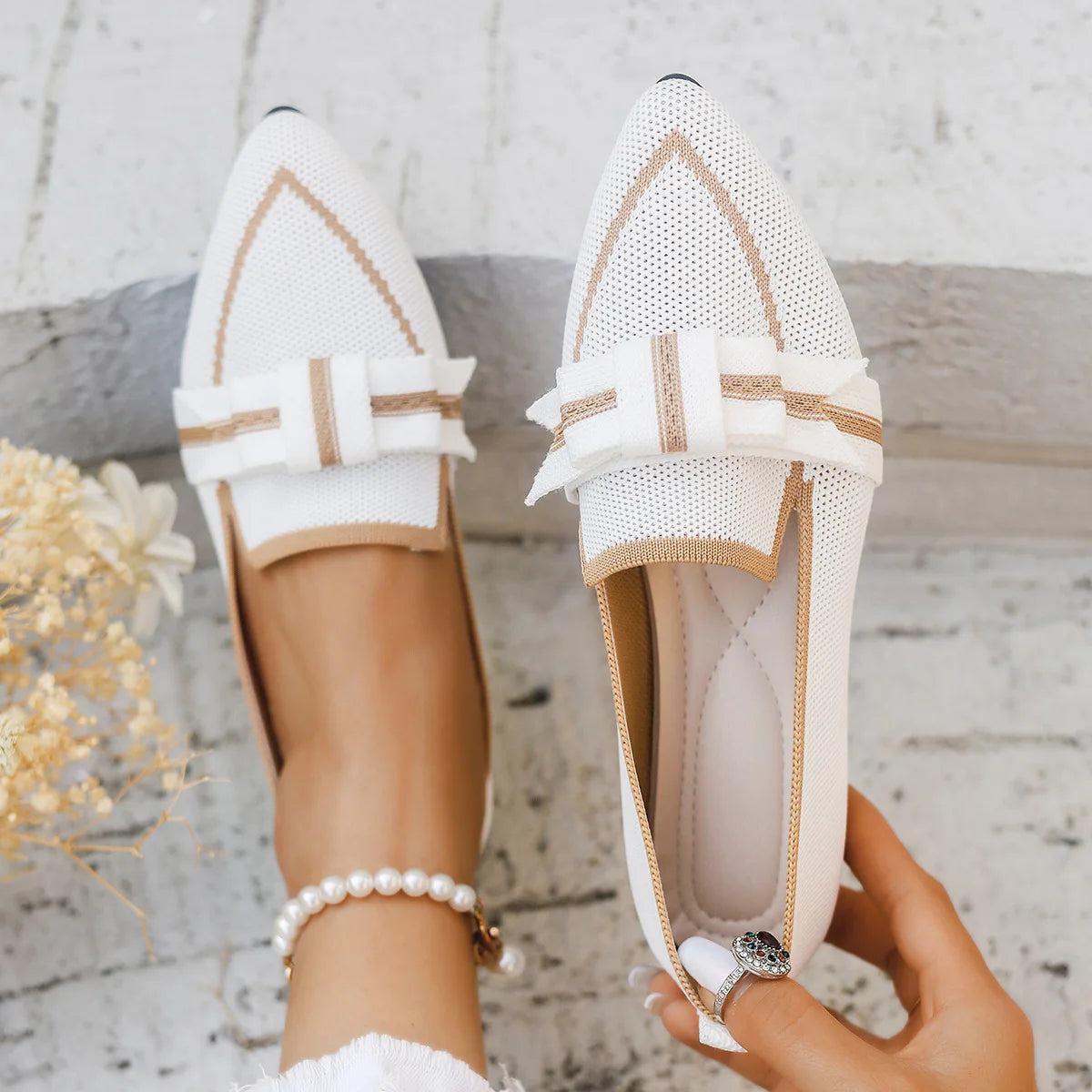 Women Flats 2024 New Knitted Slip Breathable Comfortable Solid Color Shoes Casual Pointed Toe Walking Loafers Sneakers Women Viralgem Store